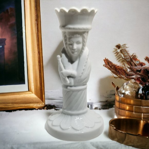 King & Queen Tappered Candle Holder Swiss Set Colum Sculpture White Porcelain - Picture 12 of 14